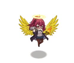 Rule 34 | 1girl, aged down, angel, angel wings, animated, animated png, artist request, aura, black coat, blinking, blue skirt, breasts, brown pantyhose, chibi, clipboard, closed mouth, coat, expressionless, feathered wings, fire, flapping, flying, full body, grey sweater vest, halo, holding, holding clipboard, holding torch, large breasts, long hair, long sleeves, lowres, mon-musu quest!, mon-musu quest: paradox, monster musume td, necktie, official art, pantyhose, pleated skirt, ponytail, promestein, red-framed eyewear, red eyes, red hair, red necktie, semi-rimless eyewear, shadow, sidelocks, simple background, skirt, solo, sweater vest, third-party source, torch, transparent background, under-rim eyewear, wings, yellow wings