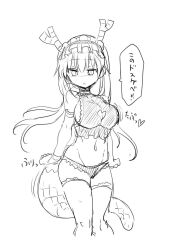 Rule 34 | 1girl, :o, bare shoulders, breasts, breasts out, cleavage cutout, clothing cutout, cool-kyou shinja, dragon girl, dragon horns, dragon tail, frills, highres, horns, japanese text, kobayashi-san chi no maidragon, large breasts, navel, revealing clothes, simple background, sketch, source request, standing, tail, thick thighs, thighhighs, thighs, tohru (maidragon), translation request, white background