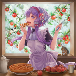 Rule 34 | 1girl, animal, apple, apple tree, apron, bird, bow, bowtie, cake, coffee pot, eating, food, fruit, headwear request, holding, holding knife, knife, kogaran, looking at viewer, open mouth, puffy short sleeves, puffy sleeves, purple eyes, purple hair, short hair with long locks, short sleeves, solo, squirrel, table, tree, twintails, upper body, vocaloid, voiceroid, walnut, window, yuzuki yukari