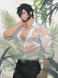 Rule 34 | 00047, 1boy, bara, beard, black hair, blue eyes, closed mouth, commentary, facial hair, highres, large pectorals, long sideburns, looking at viewer, male focus, mature male, muscular, muscular male, original, pectoral cleavage, pectorals, shirt, short hair, sideburns, solo, wet, wet clothes, white shirt