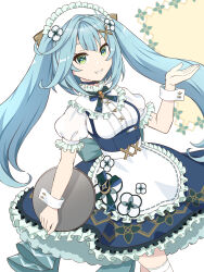 Rule 34 | 1girl, absurdres, ankoro, blue hair, cowboy shot, dress, faruzan (cafe) (genshin impact), faruzan (genshin impact), genshin impact, green eyes, grin, hair ornament, highres, holding, holding tray, light blush, long hair, looking at viewer, maid, maid headdress, official alternate costume, puffy short sleeves, puffy sleeves, short sleeves, smile, solo, symbol-shaped pupils, tray, twintails, x hair ornament