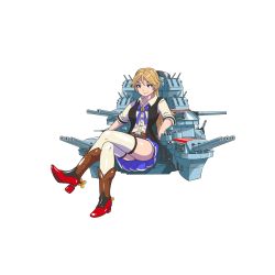 Rule 34 | 1girl, absurdres, bad id, bad pixiv id, belt, blonde hair, boots, brown hair, cowboy boots, crossed legs, full body, highres, kantai collection, original, raft, rigging, short hair, skirt, smile, solo, stacking mann, thighhighs, thighs, transparent background, turret, uss nevada (bb-36), vest