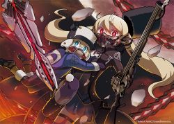Rule 34 | 1boy, 1girl, backpack, bag, bandai namco, bayonet, black gloves, blonde hair, blue eyes, boots, brother and sister, brown footwear, chibi, code vein, commentary request, company name, english text, fur hat, gas mask, gloves, gun, hand on another&#039;s head, hat, hug, imaizumi teruhiko, jacket, knee boots, long hair, long sleeves, looking at viewer, mask, mechanical tail, mia karnstein, miniskirt, mittens, moon, mouth mask, nicola karnstein, official art, pants, papakha, purple legwear, purple mittens, red eyes, rifle, rock, siblings, skirt, tail, twintails, ushanka, weapon