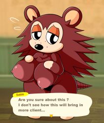 Rule 34 | 1girl, absurdres, animal crossing, animal nose, breasts, brown fur, brown hair, character name, collarbone, completely nude, dialogue box, english text, female focus, flying sweatdrops, freckles, full body, furry, furry female, half-closed eyes, hands over breasts, hedgehog ears, hedgehog girl, hedgehog tail, highres, huge breasts, long hair, nintendo, nipples, nude, plump, sable able (animal crossing), snout, solo, standing, tail, team pervy, wide hips