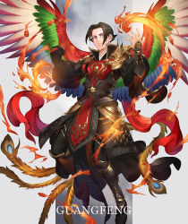 Rule 34 | 1boy, akakokko (niro azarashi), armor, birdmen, black footwear, black hair, burning, character name, chinese armor, chinese clothes, closed mouth, english text, feathered wings, looking at viewer, peacock feathers, red eyes, short hair, smile, wang guang feng, wings