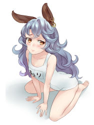 Rule 34 | 10s, 1girl, alternate costume, animal ears, arm support, bad id, bad pixiv id, bare arms, bare legs, barefoot, blue hair, breasts, character name, collarbone, contemporary, earrings, embarrassed, erune, ferry (granblue fantasy), from above, full body, granblue fantasy, jewelry, lips, long hair, looking at viewer, one-piece swimsuit, pashiri (shiripa), rabbit ears, school swimsuit, simple background, single earring, sitting, small breasts, soles, solo, swimsuit, toes, wavy hair, white background, white one-piece swimsuit, white school swimsuit, yellow eyes