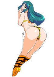 Rule 34 | 1girl, animal print, aqua hair, ass, back, bikini, blue eyes, boots, breasts, ganto, hand to own mouth, high heel boots, high heels, horns, large breasts, leopard print, long hair, looking at viewer, looking back, lum, open mouth, partially visible vulva, print bikini, signature, simple background, swimsuit, thick thighs, thighs, urusei yatsura, white background