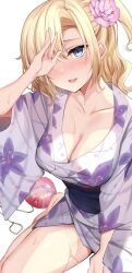 Rule 34 | 1girl, blonde hair, blue eyes, blush, breasts, candy apple, cleavage, covering one eye, floral print, flower, food, hair flower, hair ornament, hand over face, highres, japanese clothes, kimono, large breasts, looking at viewer, medium hair, obi, original, print kimono, sanshoku amido, sash, simple background, sitting, smile, solo, wariza, water yoyo, wet, wet clothes, white background, yukata