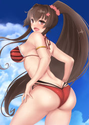 Rule 34 | 10s, 1girl, ass, bare shoulders, bikini, blush, breasts, brown eyes, brown hair, butt crack, cloud, day, frilled bikini, frills, gradient background, hair ornament, highres, kantai collection, kantai collection (anime), large breasts, long hair, looking at viewer, looking back, open mouth, ponytail, shiny skin, sideboob, sky, smile, solo, strap gap, striped bikini, striped clothes, swimsuit, untue, very long hair, yamato (kancolle)