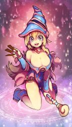 Rule 34 | 1girl, :d, absurdres, bare shoulders, blonde hair, blue footwear, blue hat, blush, blush stickers, boots, breasts, card, cleavage, dark magician girl, duel monster, green eyes, hair between eyes, hat, highres, holding, holding card, kneeling, large breasts, long hair, looking at viewer, magic, open mouth, pentacle, rtari, shiny skin, smile, solo, staff, teeth, wizard hat, yu-gi-oh!