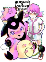 Rule 34 | 1990s (style), 1girl, animal, bad id, bad pixiv id, blush stickers, clefairy, copyright name, cow, creatures (company), fighting stance, game freak, gen 1 pokemon, gen 2 pokemon, gym leader, heart, kko, looking at viewer, miltank, nintendo, pink eyes, pink hair, pink theme, pokemon, pokemon (creature), pokemon gsc, red eyes, retro artstyle, shirt, shorts, sitting, sketch, socks, standing, t-shirt, twintails, udder, whitney (pokemon)