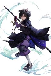 Rule 34 | 1boy, :d, absurdres, alternate hair length, alternate hairstyle, animal ears, arknights, black hair, black kimono, chinese commentary, commentary request, eyulam, genderswap, genderswap (ftm), geta, gloves, grey socks, highres, holding, holding polearm, holding spear, holding weapon, japanese clothes, kimono, knee pads, looking at viewer, male focus, naginata, open mouth, polearm, purple gloves, saga (arknights), short hair, simple background, smile, socks, solo, spear, standing, weapon, white background, yellow eyes