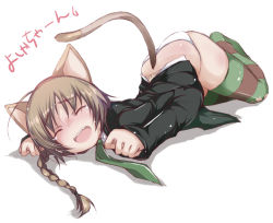Rule 34 | 1girl, animal ears, braid, cat ears, cat tail, lynette bishop, necktie, panties, simple background, single braid, solo, strike witches, striped clothes, striped thighhighs, tail, thighhighs, torn clothes, torn thighhighs, translated, underwear, white background, white panties, world witches series, yumesato makura