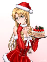 Rule 34 | 10s, 1girl, 2015, blonde hair, breasts, cake, cleavage, collarbone, dress, finger in own mouth, food, gloves, green eyes, hat, holding, long hair, miura yumiko, red dress, red gloves, red hat, santa costume, santa gloves, santa hat, solo, ta (ppsh-1941), yahari ore no seishun lovecome wa machigatteiru.
