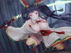 Rule 34 | 1girl, animal ears, armor, bad id, bad pixiv id, bamboo, bamboo forest, black hair, breasts, cleavage, detached collar, energy sword, forest, full body, fundoshi, greaves, grin, headgear, holding, holding sword, holding weapon, japanese clothes, kaguya (queen&#039;s blade), kimono, large breasts, long hair, long sleeves, looking away, moonlight, nature, off shoulder, panties, queen&#039;s blade, queen&#039;s blade grimoire, rabbit ears, red eyes, smile, solo, sword, tasselcat, twintails, underwear, very long hair, watermark, weapon, white panties, wide sleeves