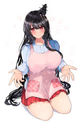 Rule 34 | 1girl, absurdres, alternate costume, apron, black hair, blue shirt, breasts, commission, fusou (kancolle), headgear, highres, kantai collection, large breasts, long hair, long sleeves, looking at viewer, miniskirt, miyako (rgrayt), pink apron, pixiv commission, pleated skirt, red eyes, red skirt, seiza, shirt, sitting, skirt, smile, solo