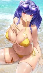 Rule 34 | 1girl, ass, azur lane, ball, beach, beachball, bikini, blue hair, blush, breasts, cameltoe, collarbone, covered erect nipples, eyewear on head, fouriasensei, hand on own chest, highres, large breasts, long hair, looking at viewer, mouth hold, navel, official alternate costume, outdoors, parted lips, plump, pola (azur lane), pola (seaside coincidence) (azur lane), red eyes, revision, sideboob, sitting, skindentation, solo, starfish, sunglasses, swimsuit, thick thighs, thighhighs, thighs, twintails, underboob, water, wet, white thighhighs, yellow bikini