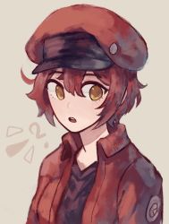 Rule 34 | 1girl, ?, ae-3803, ahoge, artist name, black shirt, brown background, cabbie hat, confused, fenori, hair between eyes, hat, hataraku saibou, jacket, looking to the side, open mouth, portrait, red blood cell, red hair, red hat, red jacket, shirt, short hair, solo, yellow eyes