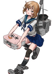 Rule 34 | 1girl, bandaid, bandaid on face, black socks, blush, brown eyes, brown hair, commentary, crab, highres, holding, holding stove, kantai collection, knee pads, leg up, machinery, oboro (kancolle), open mouth, school uniform, serafuku, short hair, simple background, smile, smokestack, socks, solo, spi (kugepot), stove, white background