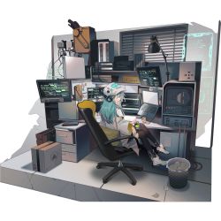 Rule 34 | 1girl, antonina (neural cloud), aqua hair, baseball cap, box, can, cardboard box, chair, computer, crossed legs, desk, drink can, full body, game cg, girls&#039; frontline, girls&#039; frontline neural cloud, hair between eyes, hat, headphones, highres, jacket, laptop, long hair, looking at viewer, monitor, official art, on chair, shoes, sitting, skull print, sneakers, soda can, solo, thighhighs, transparent background, trash can, white hat, white jacket, yellow eyes