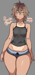 Rule 34 | 1girl, 2020, agawa ryou, bare shoulders, black shirt, brown hair, collarbone, commentary, dated, drawstring, freckles, grey background, groin, looking at viewer, midriff, navel, original, pout, raised eyebrows, shirt, short hair, short shorts, shorts, signature, solo, tan, tanline, thick thighs, thighs, wide hips