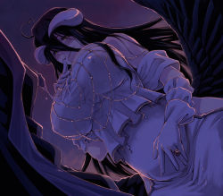 Rule 34 | 1boy, 1girl, ahoge, ainz ooal gown, albedo (overlord), black feathers, black hair, black wings, blush, breasts, cum, cum on body, cum on breasts, cum on upper body, cum string, demon girl, demon horns, demon wings, detached collar, dress, feathered wings, feathers, finger to mouth, from below, gloves, hair between eyes, hip vent, horns, jewelry, large breasts, long hair, low wings, necklace, overlord (maruyama), parted lips, penis, ring, robe, saliva, slit pupils, smile, user xgpy8228, very long hair, white dress, white gloves, wings, yellow eyes