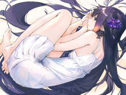 Rule 34 | 1girl, absurdly long hair, alternate costume, bare legs, barefoot, blue eyes, closed mouth, dress, feet, fetal position, flower, gradient hair, hair flower, hair ornament, highres, hololive, hololive english, legs, long hair, looking at viewer, lying, multicolored hair, ninomae ina&#039;nis, on side, orange hair, pointy ears, profile, purple flower, purple hair, ribs, shoulder blades, sleeveless, sleeveless dress, solo, sundress, tallgeese (lgeesel), tentacle hair, thighs, toes, very long hair, virtual youtuber, white dress