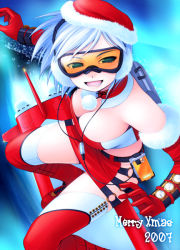 Rule 34 | 1girl, breasts, christmas, cleavage, female focus, goggles, noise (tsuzuki), original, outdoors, santa costume, solo, thighhighs