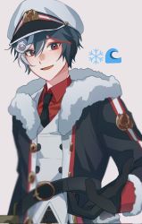 Rule 34 | 1boy, alternate eye color, blouse, coat, fur-trimmed coat, fur trim, gloves, hat, highres, ka i to0, kaito (vocaloid), long sleeves, male focus, peaked cap, red eyes, red shirt, shirt, smile, solo, vocaloid, yuki kaito