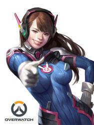 Rule 34 | 1girl, ;d, bodysuit, brown eyes, brown hair, covered navel, d.va (overwatch), dongho kang, facial mark, finger gun, gloves, grin, hand on own hip, headphones, lips, long hair, one eye closed, open mouth, overwatch, overwatch 1, pointing, pointing at viewer, realistic, simple background, smile, solo, thumbs up, white background, white gloves