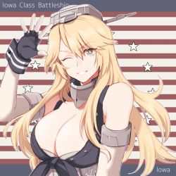 Rule 34 | 1girl, armlet, blonde hair, breasts, cleavage, elbow gloves, gloves, headgear, iowa (kancolle), kantai collection, large breasts, long hair, looking at viewer, man naka, one eye closed, parted bangs, solo, symbol-shaped pupils, upper body, white gloves