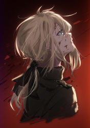 Rule 34 | 1girl, absurdres, black ribbon, blonde hair, blood, blood on face, blue eyes, closed mouth, commentary request, from side, hair between eyes, hair ribbon, highres, kyono suk, long hair, looking up, low ponytail, profile, red background, ribbon, solo, violet evergarden, violet evergarden (series)
