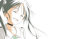 Rule 34 | 1girl, ^ ^, agahari, black hair, choker, closed eyes, dress shirt, female focus, francesca lucchini, hair ribbon, happy, highres, long hair, open mouth, portrait, ribbon, shirt, simple background, smile, solo, strike witches, teeth, twintails, upper body, white background, world witches series