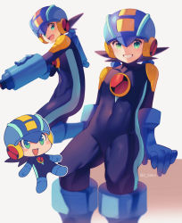 Rule 34 | 1boy, :d, arm cannon, black hair, blue bodysuit, blue footwear, blue headwear, blurry, blush, blush stickers, bodysuit, boots, chibi, commentary request, covered collarbone, depth of field, green eyes, grey background, grin, hand on own arm, happy, helmet, highres, invisible chair, looking at viewer, male focus, mega man (series), mega man battle network, mega man battle network (series), megaman.exe, multiple views, open mouth, short hair, simple background, sitting, smile, spiked hair, twitter username, weapon, zero-go