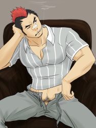 Rule 34 | 1boy, alternate costume, bandaid, bandaid on face, bandaid on nose, bara, black hair, commentary request, elbow rest, feet out of frame, grey pants, grey shirt, kill la kill, kinagase tsumugu, long sideburns, male focus, male pubic hair, midriff peek, mohawk, multicolored hair, muscular, muscular male, no male underwear, one eye closed, open fly, open pants, pants, partially unbuttoned, pectoral cleavage, pectorals, penis, penis peek, porkjinta, pubic hair, pubic hair peek, red hair, shirt, short hair, sideburns, solo, striped clothes, striped shirt, two-tone hair