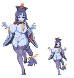 Rule 34 | 1girl, bai linqin, blue skin, breasts, cleavage, colored skin, fate/grand order, fate (series), fingernails, full body, hat, huge breasts, jiangshi, licking lips, long fingernails, long hair, minamoto no raikou (fate), multiple views, nail polish, naughty face, parted bangs, pixel art, purple hair, red eyes, red nails, revealing clothes, shortstack, slingshot swimsuit, smile, swimsuit, thighhighs, tongue, tongue out, transparent background, very long hair, wide sleeves