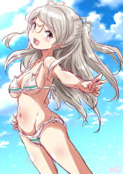 Rule 34 | 1girl, bikini, blue sky, breasts, brown eyes, cleavage, cloud, conte di cavour (kancolle), cowboy shot, fuji (pixiv24804665), grey hair, highres, kantai collection, long hair, looking at viewer, medium breasts, o-ring, o-ring bikini, o-ring bottom, open mouth, sky, smile, solo, striped bikini, striped clothes, swimsuit, two side up, underboob, v, white bikini
