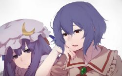 Rule 34 | 2girls, blue hair, commentary request, crescent, hair between eyes, hand in own hair, hand on own cheek, hand on own face, hat, highres, light purple hair, long hair, looking at another, mob cap, multiple girls, no headwear, patchouli knowledge, puffy short sleeves, puffy sleeves, purple eyes, purple hair, red eyes, remilia scarlet, short hair, short sleeves, simple background, terimayo, touhou