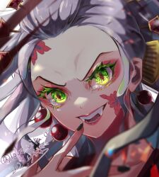 Rule 34 | 1girl, black nails, blurry, colored eyelashes, daki (kimetsu no yaiba), dated, depth of field, fangs, floating hair, forehead, green eyes, grey hair, hair ornament, hair pulled back, hair stick, hand up, highres, kimetsu no yaiba, lipstick, long hair, looking at viewer, love vita 01, makeup, open mouth, portrait, simple background, smile, solo, text in eyes, twitter username, white background, white hair