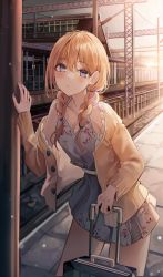 Rule 34 | 1girl, absurdres, blonde hair, blue eyes, blush, braid, breasts, cleavage, dress, fu u03, hair ornament, highres, holding, jacket, long hair, looking at viewer, open clothes, open jacket, original, skirt, solo, train station, twin braids, vacation