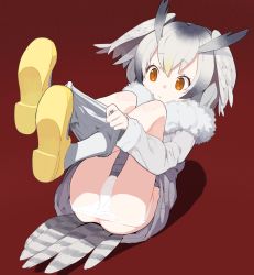 Rule 34 | 10s, 1girl, absurdres, ass, bad id, bad twitter id, brown eyes, clothes pull, coat, doremi, full body, fur collar, gradient hair, grey hair, head wings, highres, kemono friends, long sleeves, lying, multicolored hair, northern white-faced owl (kemono friends), panties, pantyhose, pantyhose pull, pulled by self, red background, shoe soles, shoes, solo, tail, underwear, white hair, white panties, white pantyhose, wings, yellow footwear