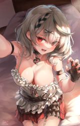 Rule 34 | 1girl, absurdres, arm strap, arm up, armpits, bed, belt, black belt, black collar, blush, breasts, camisole, cleavage, collar, collarbone, ear piercing, fingerless gloves, frilled camisole, frills, from above, garter straps, gloves, grey hair, hair ornament, hairclip, hand up, heart pendant, highres, hololive, indoors, large breasts, looking at viewer, looking up, medium hair, miniskirt, multicolored hair, on bed, piercing, plaid, plaid skirt, red eyes, red skirt, rei (9086), sakamata chloe, skirt, solo, strap slip, streaked hair, teeth, virtual youtuber, white camisole, x hair ornament