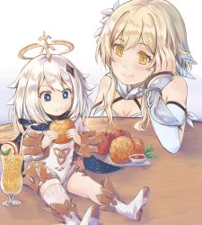 Rule 34 | 2girls, apple, apple juice, bare shoulders, bendy straw, blonde hair, blue eyes, boots, breasts, closed mouth, commentary, cup, detached sleeves, dress, drink, drinking glass, drinking straw, drooling, eating, english commentary, flower, food, food on face, fruit, genshin impact, gradient background, grey background, hair between eyes, hair flower, hair ornament, halo, hash browns, head rest, highres, hikari niji, holding, holding food, juice, knee boots, long hair, long sleeves, lumine (genshin impact), medium breasts, mini person, minigirl, multiple girls, paimon (genshin impact), red apple, saliva, shoe soles, silver hair, single thighhigh, sitting, smile, thighhighs, thighhighs under boots, vambraces, white background, white dress, white flower, white footwear, white legwear, white sleeves, wide sleeves, yellow eyes