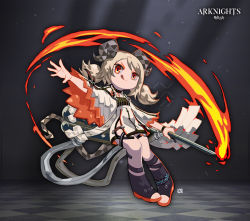Rule 34 | 1girl, arknights, blonde hair, closed mouth, dress, fire, full body, holding, holding wand, horns, ifrit (arknights), lataedelan, long hair, long sleeves, looking at viewer, orange eyes, outstretched arm, sandals, smile, solo, toeless footwear, tongue, tongue out, twintails, v-shaped eyebrows, wand, white dress