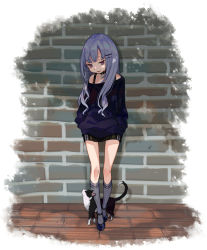 Rule 34 | 1girl, animal, ankle lace-up, bare shoulders, black choker, black skirt, blue footwear, blush, brick wall, cat, choker, collarbone, commentary request, cross-laced footwear, dappled sunlight, fang, grey socks, hair ornament, hairclip, highres, kneehighs, long hair, off-shoulder shirt, off shoulder, original, parted lips, purple hair, red eyes, shirt, skirt, socks, solo, sunlight, sweater, very long hair, wooden floor, yuu (higashi no penguin)