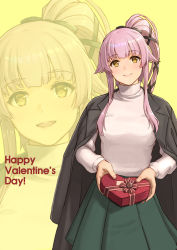Rule 34 | 1girl, :d, black bow, black jacket, black ribbon, blush, bow, box, breasts, brown eyes, gift, gift box, green skirt, hair bow, hair flaps, hair ribbon, happy valentine, heart, heart-shaped box, heart-shaped pupils, high ponytail, highres, holding, holding gift, jacket, jacket on shoulders, kantai collection, lips, long hair, long sleeves, looking at viewer, multiple views, open mouth, pink hair, pleated skirt, polka dot, ponytail, ribbon, sidelocks, simple background, skirt, smile, sweater, symbol-shaped pupils, tantaka, turtleneck, turtleneck sweater, valentine, white sweater, yellow background, yellow eyes, yura (kancolle), zoom layer