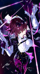 Rule 34 | 1girl, absurdres, black gloves, black jacket, black pantyhose, black shorts, breasts, chiaspicy, clothing cutout, frilled sleeves, frills, gloves, gun, hair in own mouth, highres, holding, holding gun, holding weapon, honkai: star rail, honkai (series), jacket, jewelry, kafka (honkai: star rail), large breasts, pantyhose, partially unbuttoned, purple eyes, purple hair, ring, shirt, shorts, shoulder cutout, solo, sunglasses, weapon, white shirt