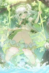 Rule 34 | + +, 1girl, absurdres, applepie (12711019), bare shoulders, bracelet, commentary, dappled sunlight, detached sleeves, dress, flower, foreshortening, from below, full body, genshin impact, gradient hair, green eyes, green hair, green theme, hair between eyes, hair flower, hair ornament, highres, jewelry, leaf hair ornament, long hair, looking at viewer, multicolored hair, nahida (genshin impact), open mouth, pointy ears, side ponytail, sidelocks, sitting, smile, soles, solo, sunlight, symbol-shaped pupils, toes, tree, water, white dress, white hair