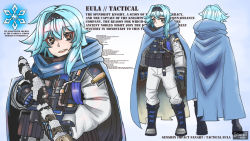 Rule 34 | 1girl, :d, alternate costume, assault rifle, blue hair, boots, bulletproof vest, character name, character profile, character sheet, cloak, combat boots, commentary, contemporary, english commentary, english text, eula (genshin impact), from behind, full body, genshin impact, gun, hair between eyes, hairband, holding, holding gun, holding weapon, hood, hooded cloak, introvert-kun, jumpsuit, knee boots, long hair, long sleeves, looking at viewer, open mouth, orange eyes, pocket, rifle, scope, sidelocks, simple background, smile, solo, standing, tactical clothes, two-tone gloves, weapon