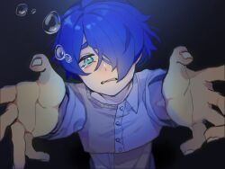 Rule 34 | 1boy, absurdres, aqua eyes, blue hair, brown sweater, bubble, crying, crying with eyes open, hair over one eye, highres, long sleeves, looking at viewer, male focus, milgram, mou xingchen, one eye covered, reaching, reaching towards viewer, sakurai haruka (milgram), shirt, short hair, solo, sweater, tears, teeth, underwater, unhappy, white shirt